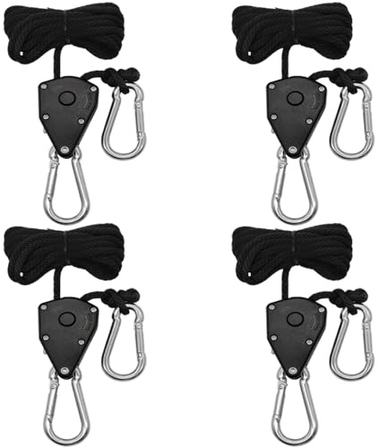 GYSRXS 4 Piezas Adjustable Trinquete de Cuerda 1/8 Rope Ratchet con Gancho Trinquete Colgador de Cuerda para Plantas de Interior Crecimiento Luces,Capacidad de 150lbs por Par(Negro)
