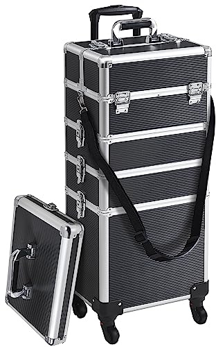 Yaheetech Valigia Trolley Trucchi Make Up 5 in 1 per Estetista Parrucchiere Professionale con Coperchio Supplementare Beauty Case Grande Porta Cosmetici da Viaggio Ruote Girevoli Nero