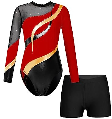 iEFiEL Mädchen Turnanzug Langarm Gymnastik Trikotanzug Glänzende Turnen Set Klassisch Gymnastikanzug Kinder Tanzbody Za Rot 158-164