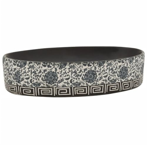 vidaXL Vasque à Poser, Évier de Salle de Bain avec Trou de Vidange, Lavabo avec Motifs Toilette Salle d'eau, Noir et Bleu Ovale 56,5x36,5x13,5 cm Céramique