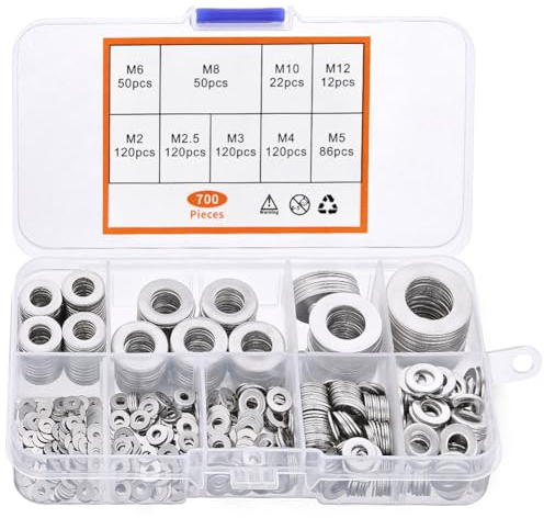Flintronic Unterlegscheiben Edelstahl, 700 Stück Flach Sicherungsscheiben mit Sortimentskasten, Beilagscheiben Metallscheiben für Schrauben Muttern, Insgesamt 9 Größen M2 M2.5 M3 M4 M5 M6 M8 M10 M12