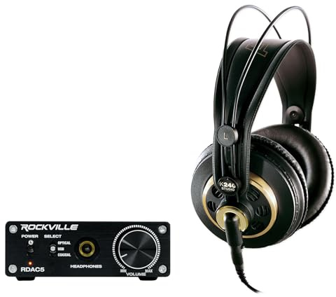Audiosavings Bundle: (1) AKG K240 Studio Over-Ear Semi-Open Recording Mixing Monitoring Headphones Bundle with (1) Rockville RDAC5B DAC Digital to Analog Converter USB/Optical/RCA/Headphone (2 Items)