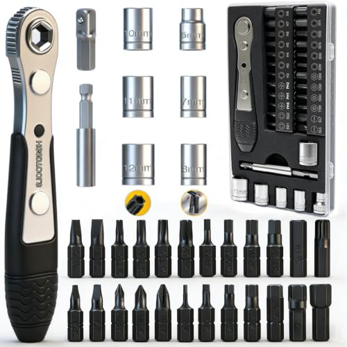 hgsdtools 33in1 Right Angle Screwdriver Set 1/4 Mini Ratchet Wrench S2 Magnetic 1/4 Bits 90 Degree Offset Screwdriver Metric/SAE Allen Bits Dedicated to Small Spaces Home&Outdoor Portable Tools