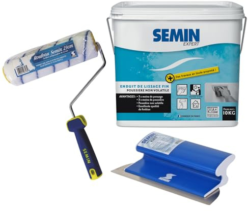Semin - Enduit de Lissage pour Finition des Murs - Intérieur - Seau de 10 kg, un Rouleau, 23 cm et une Lame pour Enduire et Lisser, 25 cm