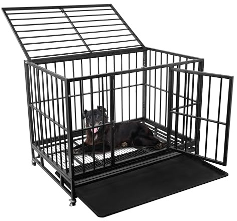 Elevon 48 Zoll Heavy Duty Dog Crate mit Lockable Räder, Flucht Proof Dog Crate Käfig Zwinger für große Hunde, hohe Anxiety Indestructible Hundecage, Doppeltür und entfernbares Tray