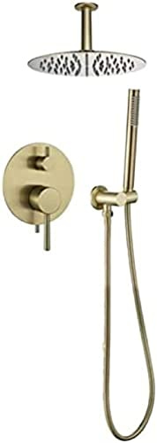 Doccia, Rubinetti per doccia con miscelatore a pioggia per bagno in oro spazzolato con montaggio a soffitto, set con soffione a pioggia rotondo in acciaio inossidabile da 8 12 e doccia a ma
