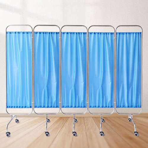 Medical Privacy Screen on Wheels, 5 Panel Folding Medical Screens Room Dividers, Free-Standing Mobile Stainless Steel Medical Privacy Screen Divider Curtains with Nylon Silk Fabric(Blue)