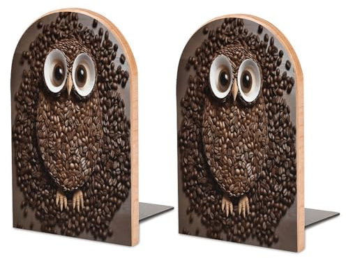 Robuste Buchstützen, Kaffeebohnen-Eulen-Druck, dekorative Buchstützen, rutschfeste Buchstütze für Regale (1 Paar, groß)