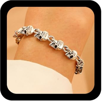 Wendalern Pulsera de cadena de eslabones de calavera punk, pulsera de esqueleto de plata, pulsera gótica de cabeza de calavera, pulseras de motociclista, joyería de disfraz de Halloween para mujeres