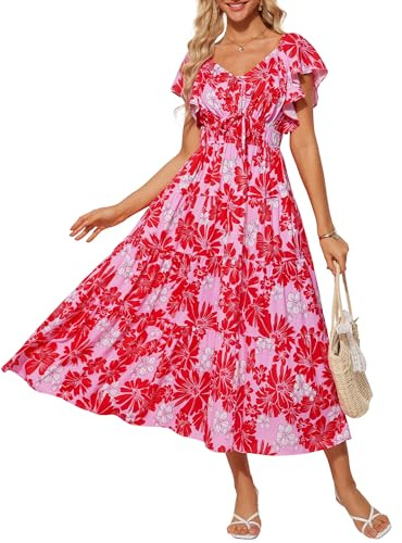 GRACE KARIN Abito estivo da donna, elegante, floreale, maxi abito con maniche a volant e scollo a V, Fiore rosso e rosa, L