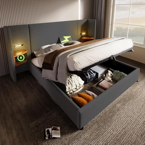 Doppelbett 180×200, integriertes Kopfteil mit USB Type-C Ladefunktion&Leselampe&Nachttisch, Polsterbett Bettanlage Hydraulisch Stauraumbett Bettgestell mit Lattenrost, Leinen, Ohne Matratze, Grau