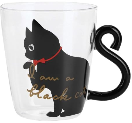 2 pezzi tazza di vetro simpatico gatto, tazze caffe in vetro borosilicato alto 300 ml tazza di latte bicchiere trasparente per bevande succhi di tè (Gatto Nero)