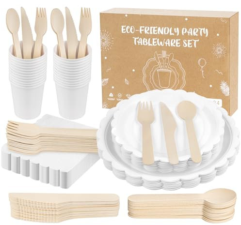 Anstore Piatti usa e getta eleganti, 200 piatti di carta floreale vintage con bordo smerlato per 25 ospiti, stoviglie usa e getta con piatto, cucchiaio, forchetta, coltello, bicchieri, tovaglioli