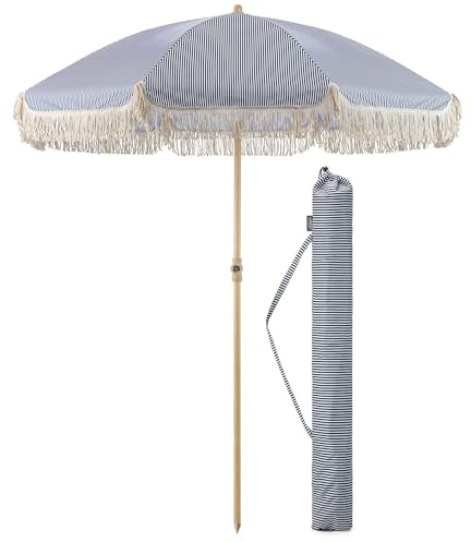 CHRISTOW Portable Tassel Parasol with Bag, 2m, Navy Stripes