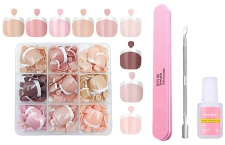 French Fake Toe Nails Set, 216Pcs 9 Colors Square False Toenails Short, Press on Nails for Toe, French Tip Toe Nails with Glue, Full Cover Stick on Toenails for Women Girls Daily Nail Art