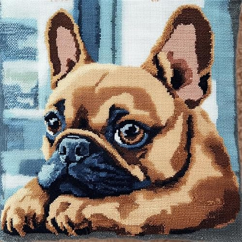 WallustrioaW Tier Hund Kissen Knüpfen Kit,Französische Bulldogge,Knüpfkissen Set Für Anfänger Erwachsene Oder Kinder Zum Selber Knüpfen,DIY Knüpfteppich Knüpfpackung,43x43cm
