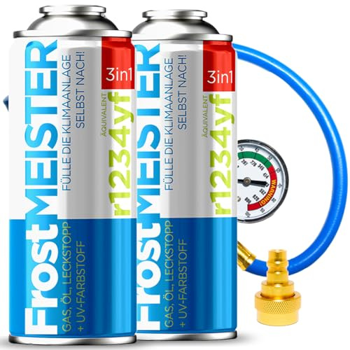 FrostMEISTER Kit de recharge 3 en 1 pour climatisation de voiture (2 boîtes de 400 ml + tuyau avec manomètre et adaptateur) – Liquide froid de rechange, huile de compresseur et mastic pour R1234yf (à