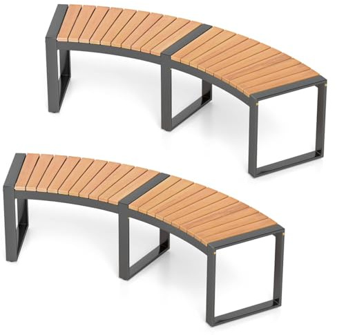 RELAX4LIFE 2-Seater Garden Bench, Acacia Wood Curved Patio Dining Bench with Slatted Seat, Outdoor Backless Loveseat for Park Porch Poolside Backyard (2, Natural + Black, 146 x 58 x 45cm)