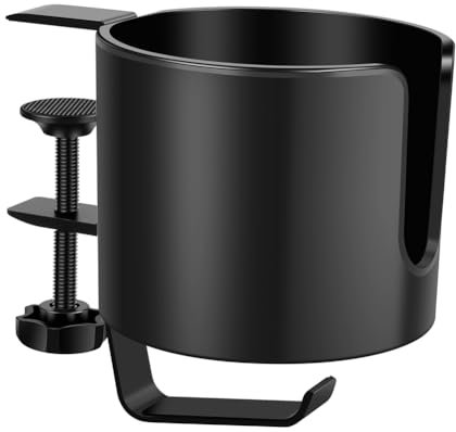 Cenei Portavasos de Escritorio Universal Ajustable con Brazo de Sujeción Antideslizante, con Clip para de Café y Gancho, Color Negro.
