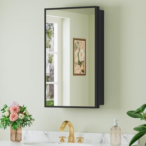 Buruis Framed Medicine Cabinet with Mirror, Recessed — 13.35 x 22.83 or Wall Mounted —14x 24 Bathroom Cabinet, Adjustable Tempered Glass Shelves, No Assembly Required, Black