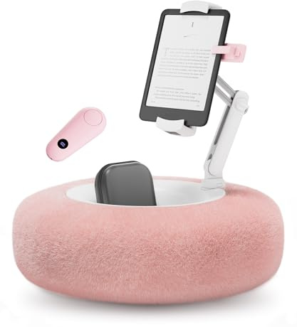 VOLTIFYMAX Tablet Halterung Kissen mit Kindle-Seitenwender zum Lesen im Bett, 360°Verstellbarer iPad Halter Ständer mit Snackschale, kompatibel mit 4,7-13''Kindle-Zubehör/Paperwhite/iPad/Ebook, Rosa