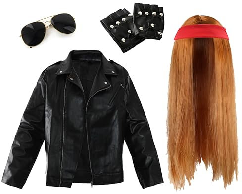 Adults Rock Star Costume - X-Large - Long Ginger Wig, Plain Red Bandana, Sunglasses, Black Studded Gloves, Black Leather-Look Jacket - Mens 80s Rock Band Fancy Dress Costume