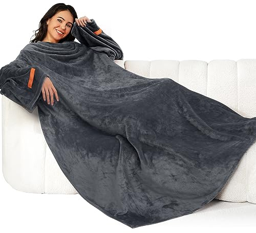 Winthome Blanket with Sleeves, Gift for Women Men Adult, Soft and Cozy Wearable Blanket with Elastic Cuffs, Hook and Loop Fastener (Grey, 140x180cm)