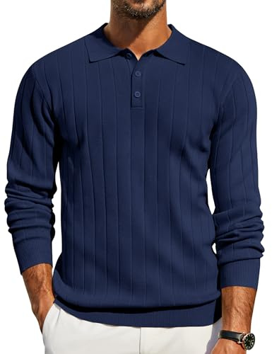 COOFANDY Mens Ribbed Knit Polo Jumper Long Sleeve | Knitted Polo Shirts, Regular Fit