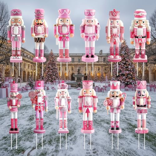 Roowest 12 Pcs Pink Christmas Soldier Figure Traditional Nutcracker Ornaments Christmas Yard Lawn Signs Xmas Outdoor Sign for Xmas Holiday Patio Yard Garden Lawn Pathway Outdoor Decoration | Varied Designs, Wooden Picks for Easy Placement, Xmas Display for Gardens, Pathways, Porches, Patios and Seasonal Parties