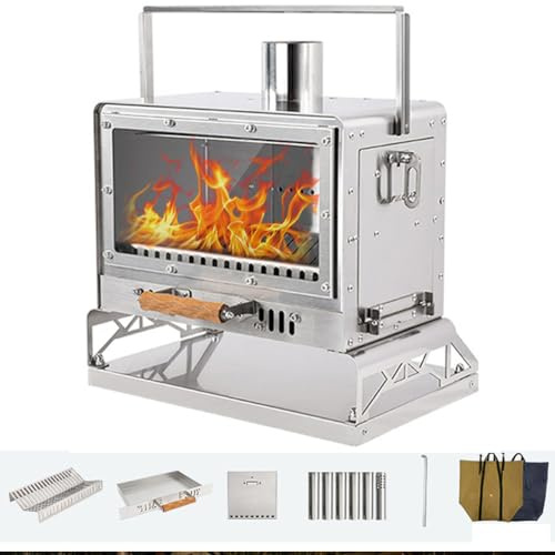 Portable Outdoor Wood Burning Stove with Chimney Pipe & Fireproof Glass WindowPerfect Tent Heater & Camping Oven for Backpacking Ice Fishing Hiking & Picnics