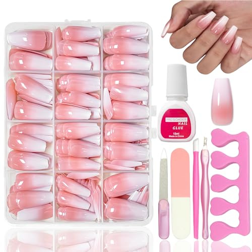 360 Stück Falsche Nägel Kit - Nude Rosa Farbverlauf Weiß Künstliche Fingernägel - Mittel Ballerina Coffin Kunstnägel Fingernägel Zum Aufkleben - Full Cover Press on Nails für Frauen Mädchen(Ballerina)