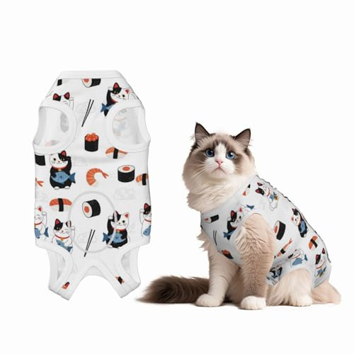 Cat Recovery Suit Full Bodysuit for Abdominal Wound Protector Japanese Sushi and Lucky Cat Anti Licking After Surgery