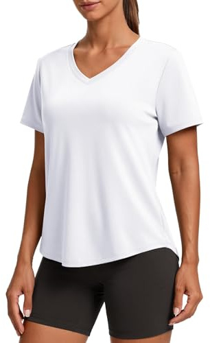 PINSPARK Damsportskjorta, kortärmad, V-ringad, sport-t-shirt, UPF 50, solskydd, snabbtorkande, yoga, fitness, andas, löpartröja, funktionströja, Vit, M