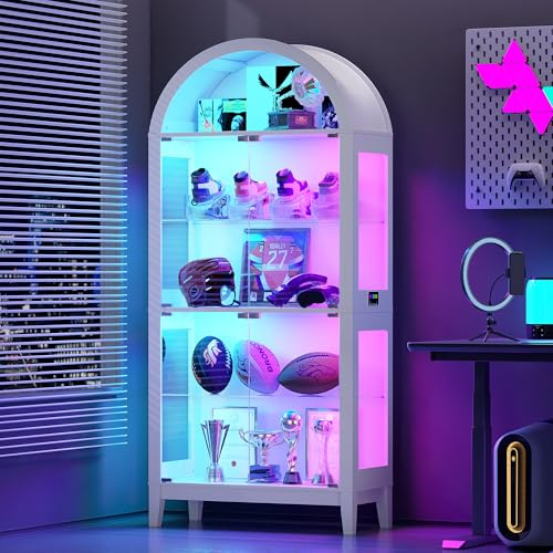 Gurexl Vetrina ad Arco con Illuminazione a LED,Vetrina con Sensore Del Corpo Umano e Illuminazione Ainamica,Vetrina in Vetro Vetrina In Vetro Per Soggiorno,Ufficio,Collezione,Cucina,Bar,Studio,Bianco
