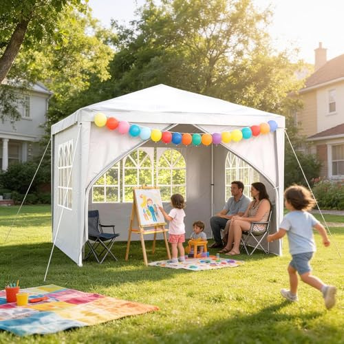 YUENFONG Paviljong vikbar paviljong 3 x 3 m trädgårdspaviljong med avtagbara sidodelar och tak, stabil pergola vattentät och vattentät, festtält för trädgård, terrass och camping, vit