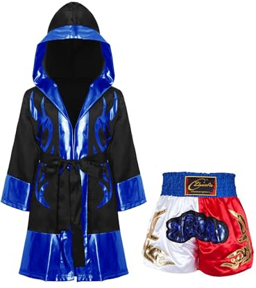 Mufeng Vestaglia da Boxe Bambino a Maniche Lunghe Costume da Pugile Boxing Robe Accappatoio con Cappuccio + Pantaloncini per MMA Combattimento Arti Marziali Tipo 4 13-14 anni