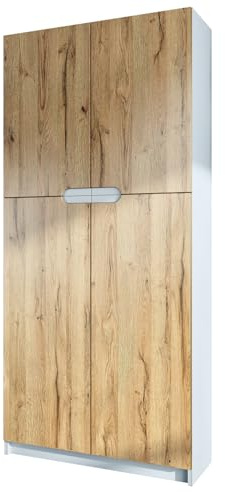 Vladon Büroschrank Logan V1, Made in Germany, Aktenschrank mit 5 Fächern und 4 Türen, Weiß matt/Eiche Natur (82 x 185 x 37 cm)