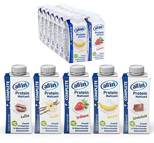 all in® COMPLETE Protein Drink Sorten Vanille, Kaffee, Schokolade, Erdebeere, Banane 14 x 200 ml - Hochkalorische Trinknahrung auf Milch-Basis | Protein Shake Mahlzeit zur schnellen Gewichtzunahme