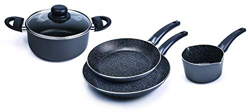 ALLUFLON Tradizione Italia Batteria 5 Pezzi, Padelle 24-28 cm, Casseruola 1 Manico 14 cm, Casseruola 2 Manici 20 cm e Coperchio 20 cm, Alluminio