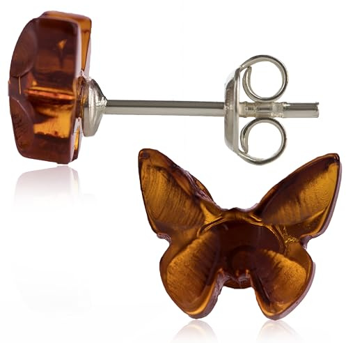 Amber Culture Orecchini a perno in ambra con farfalla, in argento Sterling 925 ipoallergenico, in confezione regalo di lusso, intagliati in resina naturale baltica (cognac)