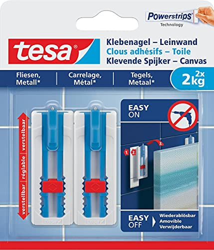 tesa Klebenagel Leinwand Fliesen & Metall-höhenverstellbar-Selbstklebender Leinwand & Keilrahmen-hält bis 2kg/Nagel-spurlos ablösbar, Weiß