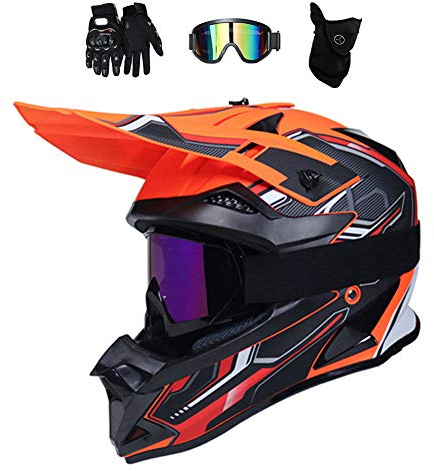 Motocross Helm mit Brille/ Handschuhe/ Maske, Motorrad Crosshelm Fullface Enduro MTB Helm Cross Helm Motorradhelm Damen Herren, 4 Stile Verfügbar,Orange,M