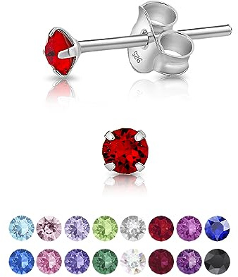 Pendientes de Botón Plata Ley 925 on Cristales Brillantes Rojos - Pendientes Pequeños Mujer Plata 925 - Punto de Luz Hipoalergénicos sin Niquel - Diámetro 3 mm