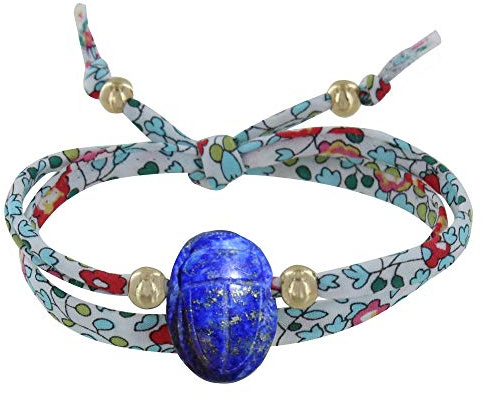 LES POULETTES BIJOUX - Bracciale Doppio Giro Collegamento liberty Talismano Scarabeo in Lapislazzuli e Perle Placcate Oro