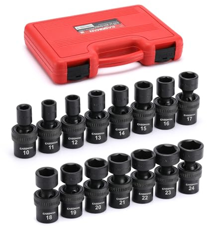 CASOMAN 15 PCS 1/2 Drive Standard Universal Impact Socket Set, 6 Point, CR-MO, Metric,10-24mm, Swivel Socket