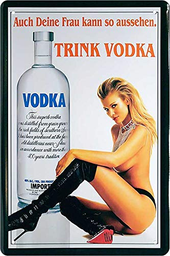 Blechschilder Pin Up Pinup „Auch Deine Frau kann so Aussehen. Vodka“ Hot Sexy Girl Deko Metallschild Retro Vintage Schild Geschenk zum Geburtstag oder Weihnachten 20x30 cm