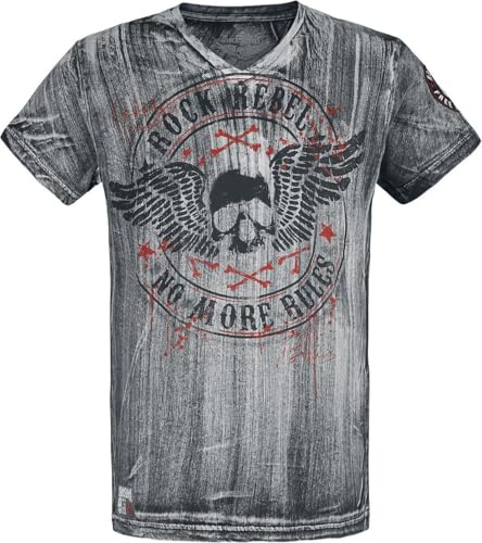 Rock Rebel by EMP Hombre Camiseta Gris con Cuello de Pico y Estampado S