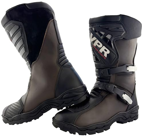 VPR X45 Adventure - Botas de motocicleta para hombre, cuero de grano completo, impermeables, aprobadas por la CE, EN13634:2020, botas de motociclista todoterreno, Brown, 42 2/3 EU