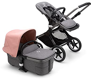 Bugaboo Fox 3, unser komfortabelster 2-in-1-Kinderwagen inklusive Liegewanne mit Lüftungsfenstern: für jedes Gelände, Fahrgestell in Graphit, Bezüge in Grau und Sonnendach in Pink