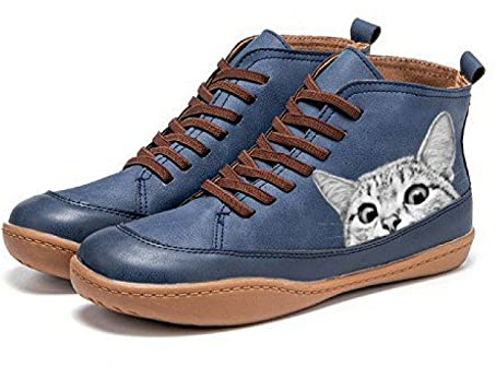 QAZW Botines De Mujer, Botas De Tacón Plano De Cuero De Primavera Diaria con Patrón De Gato, Botines Cómodos Botas De Tacón Plano De Cuero con Estampado De Gato Zapatos Retro,Blue-7.5